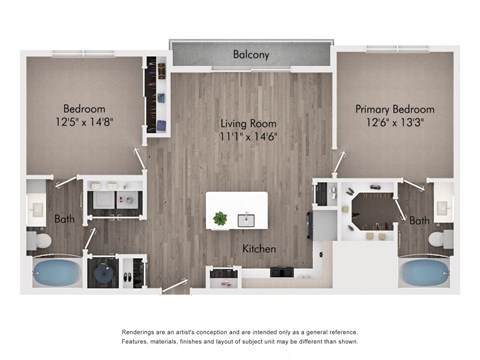 Floor plan for 2 beds, 2 baths, 997 sqft
